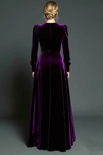A Line Dark Purple Velvet Formal Dress with Long Sleeves